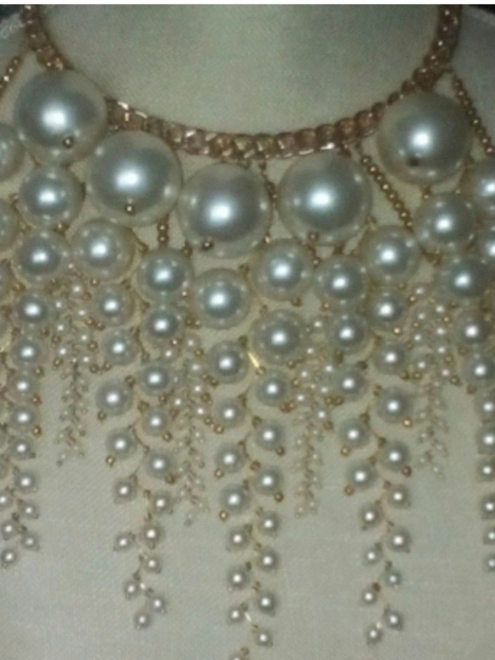 Gold-Accented White Pearl Fringe Statement Necklace Weeping willow